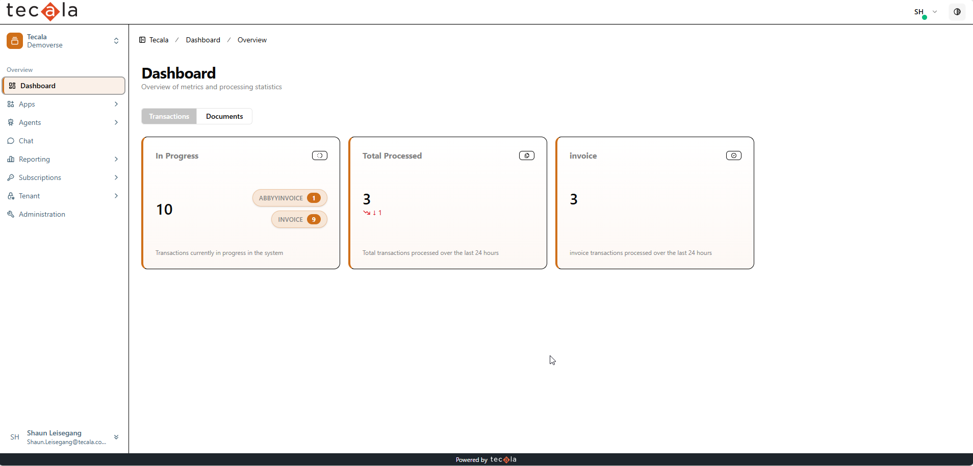Dashboard transactions tab, ten in progress